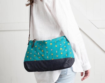 NEW! Oceans Linen Canvas Eliot Crossbody Bag, Shoulder Bag with Leather Handles and Brass Hardware, Teal and Olive Abstract Print