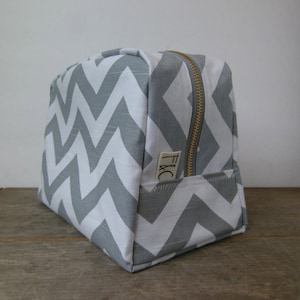 Grey Chevron Toiletry Bag, Bridesmaid Gift, Chevron Travel Bag, Gray Chevron Zipper Bag, Chevron Cosmetic Bag, Graduation Gift