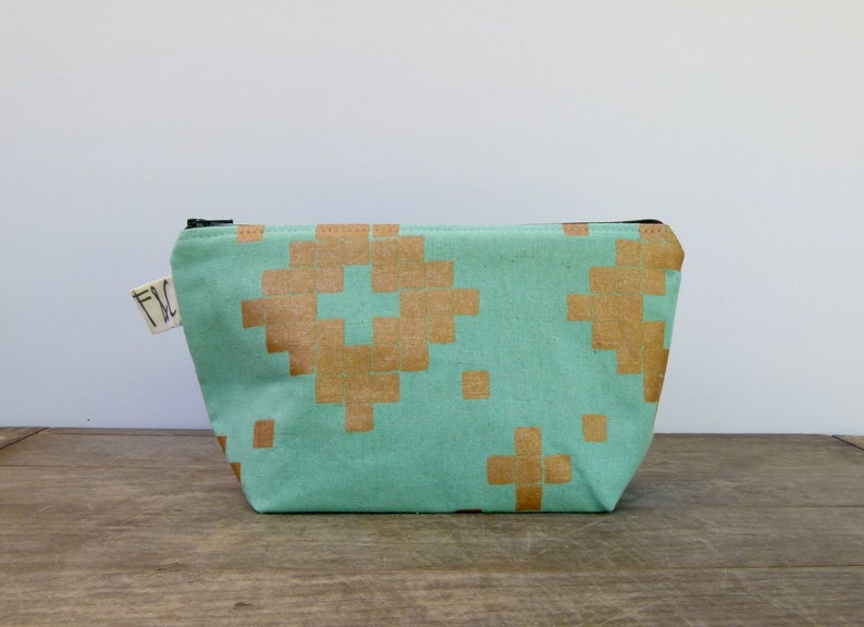 Tabor Cosmetic Bag in Aqua & Copper Linen Canvas Cosmetic Bag image 3