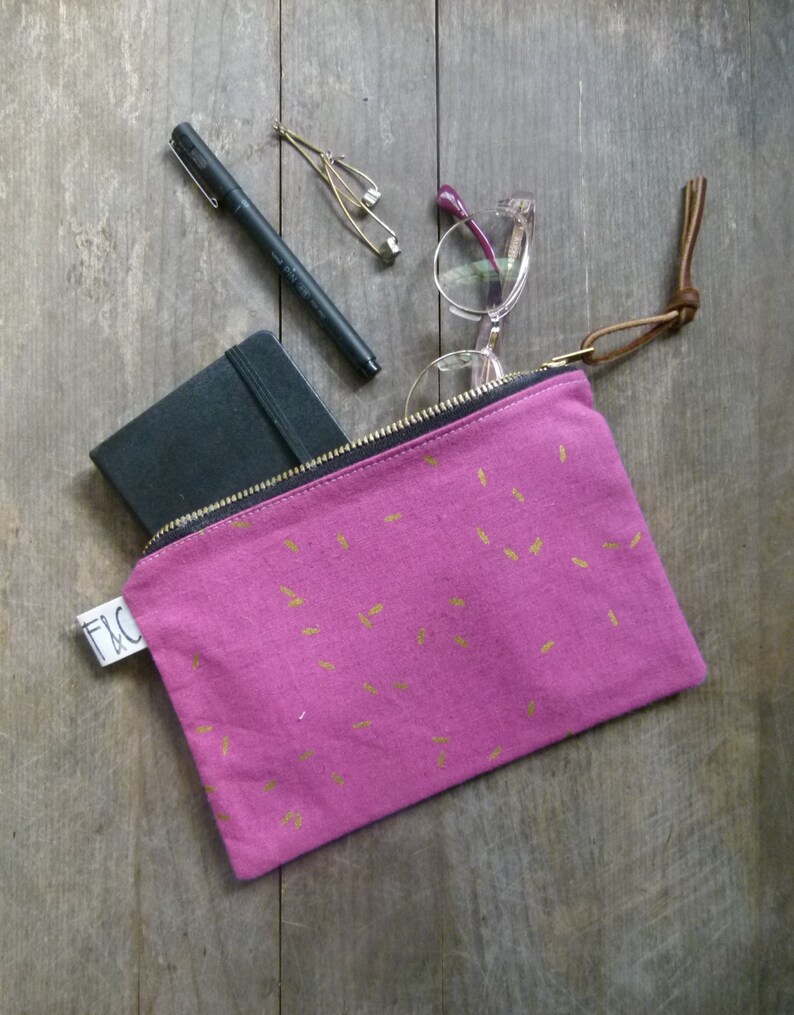 Holiday Gift Passport Case Metallic Small Bag Fuchsia Gold Linen Canvas Zipper Pouch Fuchsia Linen Canvas Travel Pouch Leather Pull
