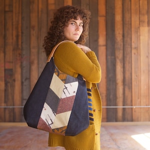 Handpieced Denim Chevron Tote Bag, Mustard Bag, Goldenrod Tote Bag, Denim Hobo Bag, Denim Shoulder Bag, Brass Hardware, Leather Handles image 1