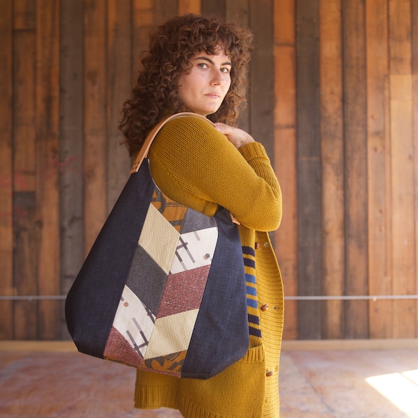 Handpieced Denim Chevron Tote Bag, Mustard Bag, Goldenrod Tote Bag, Denim Hobo Bag, Denim Shoulder Bag, Brass Hardware, Leather Handles