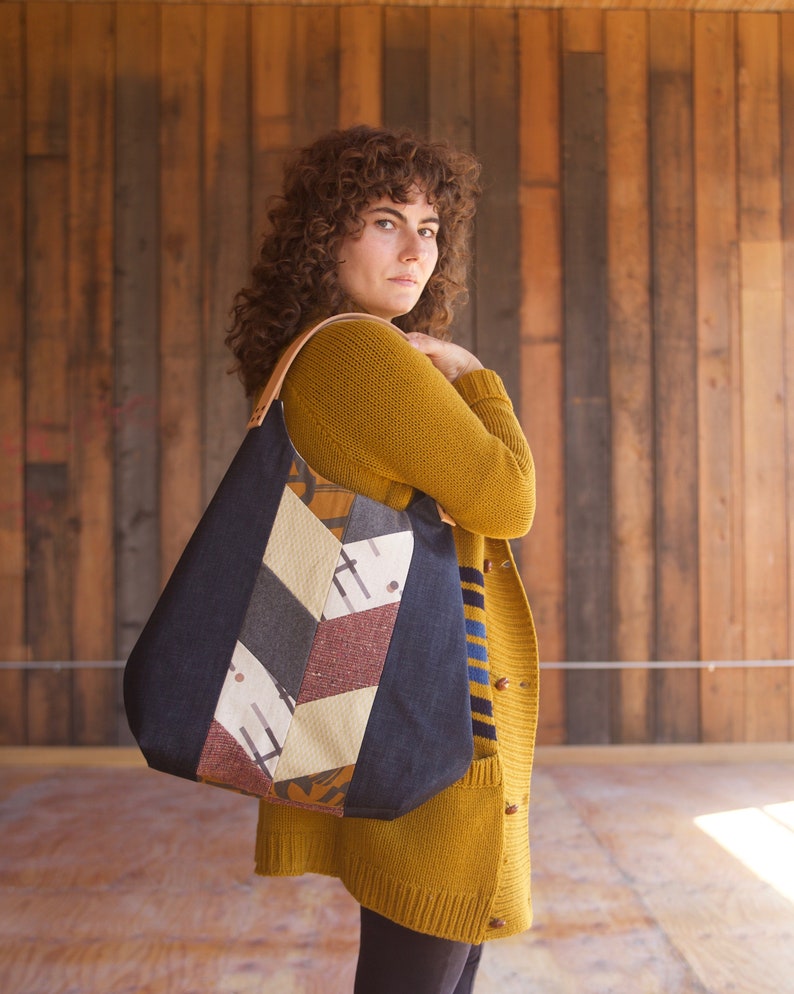 Handpieced Denim Chevron Tote Bag, Mustard Bag, Goldenrod Tote Bag, Denim Hobo Bag, Denim Shoulder Bag, Brass Hardware, Leather Handles image 1