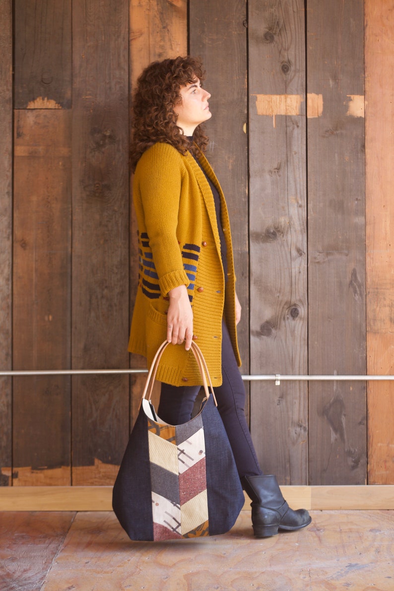 Handpieced Denim Chevron Tote Bag, Mustard Bag, Goldenrod Tote Bag, Denim Hobo Bag, Denim Shoulder Bag, Brass Hardware, Leather Handles image 4