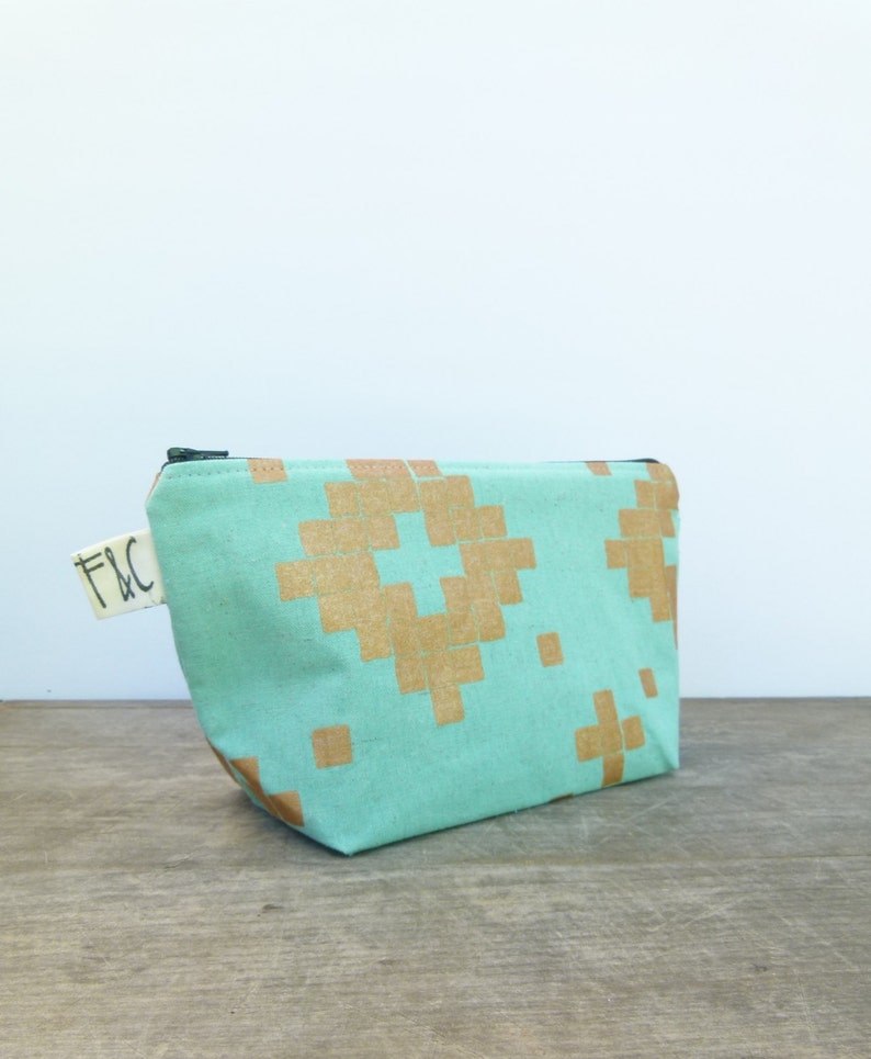 Tabor Cosmetic Bag in Aqua & Copper Linen Canvas Cosmetic Bag image 2