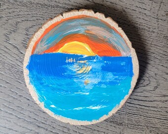 Miniature Sunset Beach Wood Slice Art, Circular Acrylic Painting