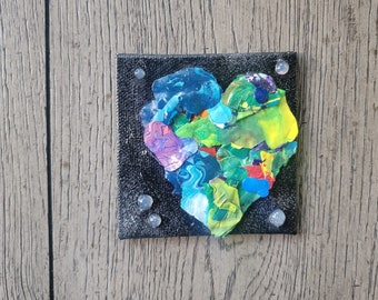 Mini Acrylic Pour Paint Art, Heart Canvas Panel 3x3 Decor
