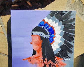Native American Original Acrylic Painting, 12x12 Canvas Art