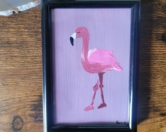 Flamingo Acrylic Painting, 3x4 Framed Tiny Art