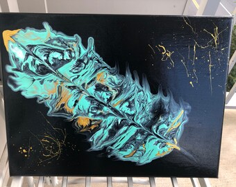 Feather Abstract Acrylic Pour Painting, Canvas 12x16 Original Art