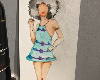 Afro Woman Watercolor Paper Painting, 9.5x5 Art