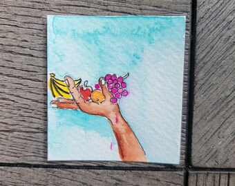 Miniature Fruit Art, Watercolor Original 2x2 Painting