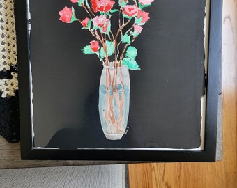 Red Rose Art, 12x12 Framed Watercolor Original Painting, Floral Art