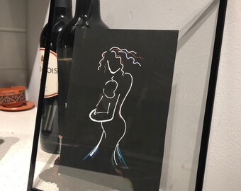 Silhouette Mother Child Framed Pen Drawing, 10x8 Floating Frame