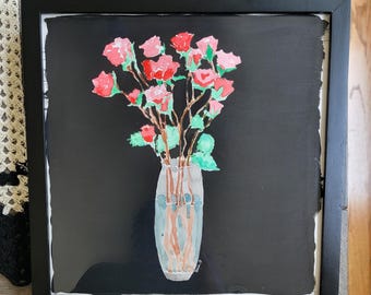Red Rose Art, 12x12 Framed Watercolor Original Painting, Floral Art