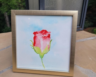 Red Rose Art, 8x8 Framed Watercolor Original Painting, Floral Art