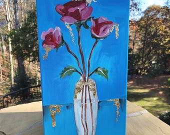 Roses Acrylic Painting, 12x24 Canvas Art