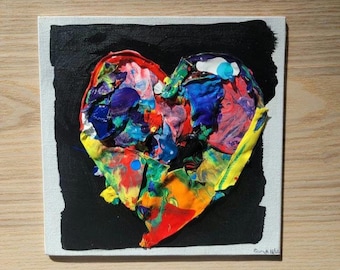 Recycled Acrylic Pour Paint Art, Heart Canvas Panel 6x6 Decor
