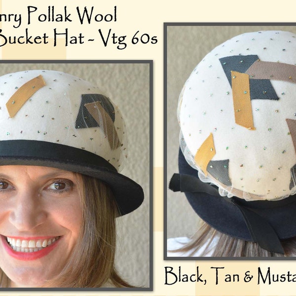 Modernist Bowler Bucket Hat, HENRY POLLAK, Small Brim, Black, Ivory, Mustard Yellow, Netting, Glitter, Size 21", Best S/M Head, Vtg 60s