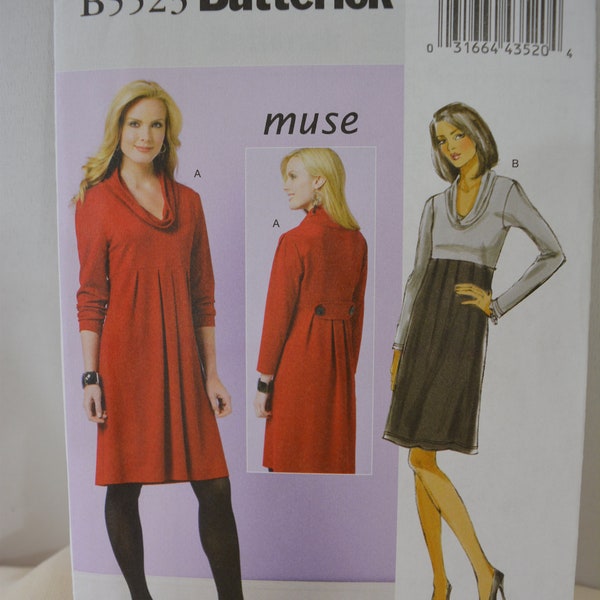 UNCUT Butterick 5523 Pattern, Plus Size Dress, A Line, Draped Collar, High Waist, Front, Back Pleats, Bust 31.5 to 36", Size 8 10 12 14