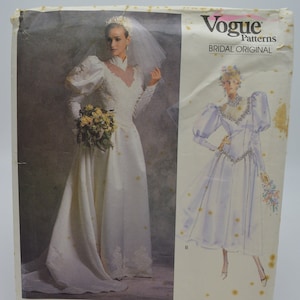 UNCUT Vogue 2178 Pattern, Wedding Gown, Event, Bridesmaid Dress, w/Train Option, V Neck, Petticoat, Dropped Waist, Bust 34&quot; Sz 12, Vtg 80&#39;s
