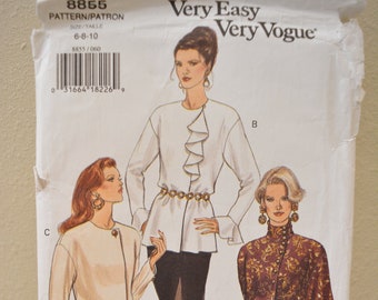 UNCUT Vogue 8858 Pattern, Tunic, Blouse, Shirt, Asymmetrical Button Snap, Vintage 6, 8, 10, Bust 30.5 to 32.5, Vintage 90s Very Easy Vogue