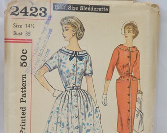 UNCUT Simplicity 2423 Pattern, RARE, One Piece Dress with Slim or Full Skirt Options, Under Slenderette Label, Bust 35, Vtg 50's,  Size 14