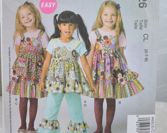 UNCUT McCalls 6826 Pattern, Girl's Dress, Top, Apron & Pants, Ruffles, Gathered, LAURA ASHLEY Design, Easy, Chest 25 to 27", Size 6, 7, 8,