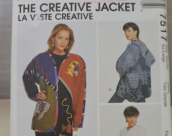 UNCUT McCalls 7517 Pattern, The Creative Jacket, Coat, Loose Easy Fitting, Kimono Sleeves, Plus Sizes, Bust 44&quot;, Size 20, 22, Vtg 90s