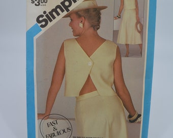 UNCUT Simplicity 6443 Pattern, Misses V Neck Open Back Short Crop-Style Top w/Back Buttons, Flared 6 Gored Skirt, Bust 32.5 to 36", Vtg 80's