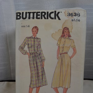 UNCUT Butterick 3636 Pattern, Dress, Loose Fitting, Pointed Collar, Gathered, Elastic Waist, Side Pockets, Bust 36&quot;, Size 14, Vtg 70s