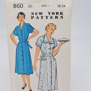 New York 860 Gold Seal Muster, Louise Scott Fashion, Front Closing Kleid, Kimono Style Taille, Aufnäher Tasche, Büste 16 Vtg 40&#39;er Jahre FF