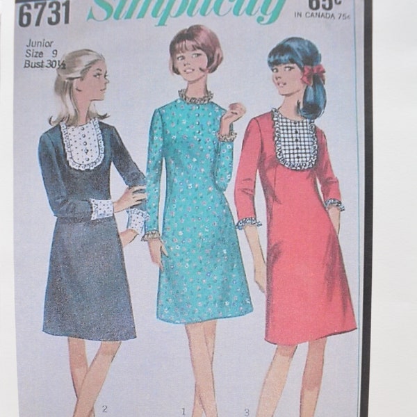 UNCUT Simplicity 6731 Pattern,1966 Era Misses Dress with Detachable Collar and Cuff, Cottagecore, Prairie, Bust 34", Vtg 60's Sz 14