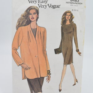 May include: A sewing pattern for a long-sleeved jacket and a dress. The pattern is from Very Easy Very Vogue and is size 8-10-12. The pattern number is 8483.