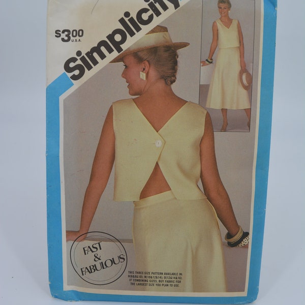 UNCUT Simplicity 6443 Pattern, Misses V Neck Open Back Short Crop-Style Top w/Back Buttons, Flared 6 Gored Skirt, Bust 32.5 to 36", Vtg 80's