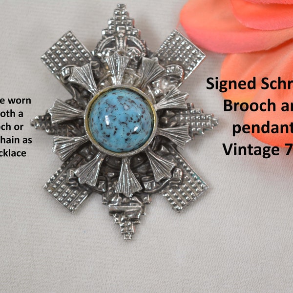 HERALDIC Large Brooch or Pendant Necklace, SCHRAGER Ornate Silver Tone Layered Shield, Faux Turquoise Center, Wear Two Ways, Vtg 70s