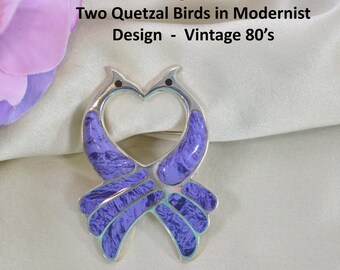 Sterling Brooch, Quetzal Intertwined Birds, Sterling Silver & Purple Suglite Stone, Modernist, Art Deco Influence, Mexico, Figural