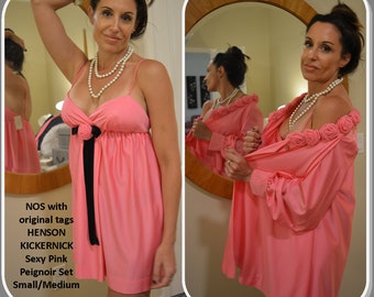 UNWORN Henson Kickernick Couture Peignoir Set, Pink, Robe, Night Gown, Qiana Nylon, NOS, Tags, Rare, Vintage 70s, WOW, Small