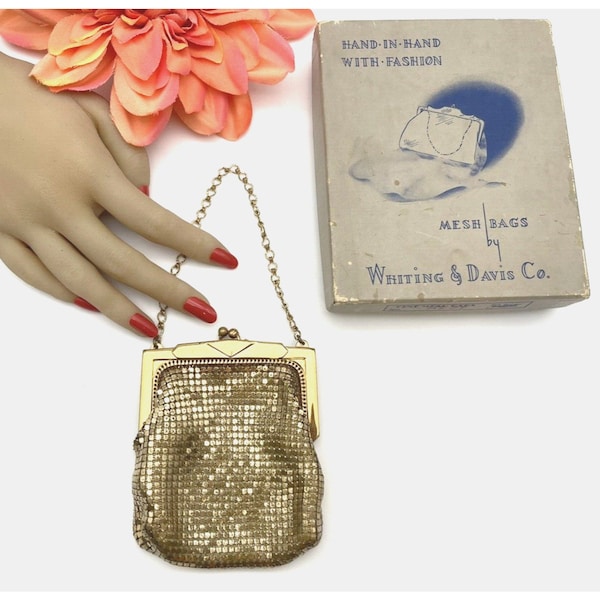 Whiting & Davis Mesh Purse, Gold w/Original Box and Mirror, Top Handle VTG 40's, Small Size 4"x3" with Chain Handle