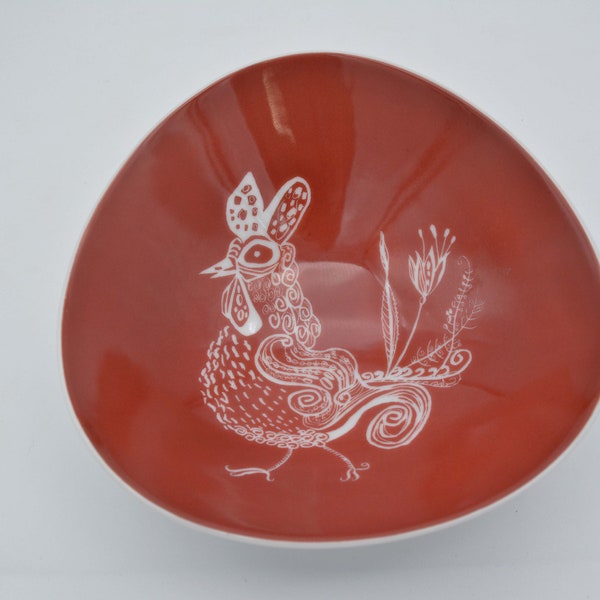 ROSENTHAL Germany Small Bowl, Signed Bele Bachem, Rooster, Bird, Fowl, Kunstabteilung Selb White w/Rusty Red Brown, 6x6, Vtg 60s RARE