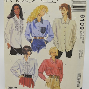 UNCUT McCall&#39;s 6109 Pattern, PLUS Size Blouse, Shirt, Loose Fitting, Collar, Ruffle and Pocket Options, Bust 40 to 42&quot;, Vtg 90&#39;s Sz 18 to 20