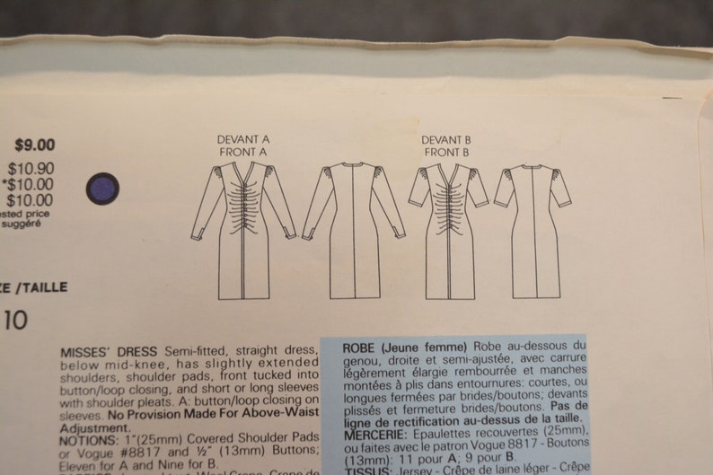 VOGUE 1585 Patrón, Paris Original EMANUEL UNGARO, Vestido, Semi-ajustado, Frente Ruched, Busto 32.5", Vtg 80s Tamaño 10, Corte / Completo imagen 6