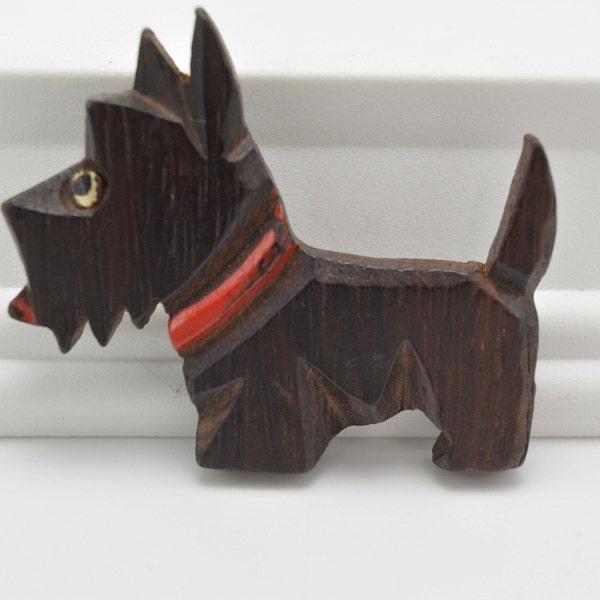 Scottie Dog Brooch with Painted Collar, Tongue and Eyes, OIder "C" Style Clasp, Carved Surface, Figural, Dog, 2 7/8"x2", Vtg 40'ss