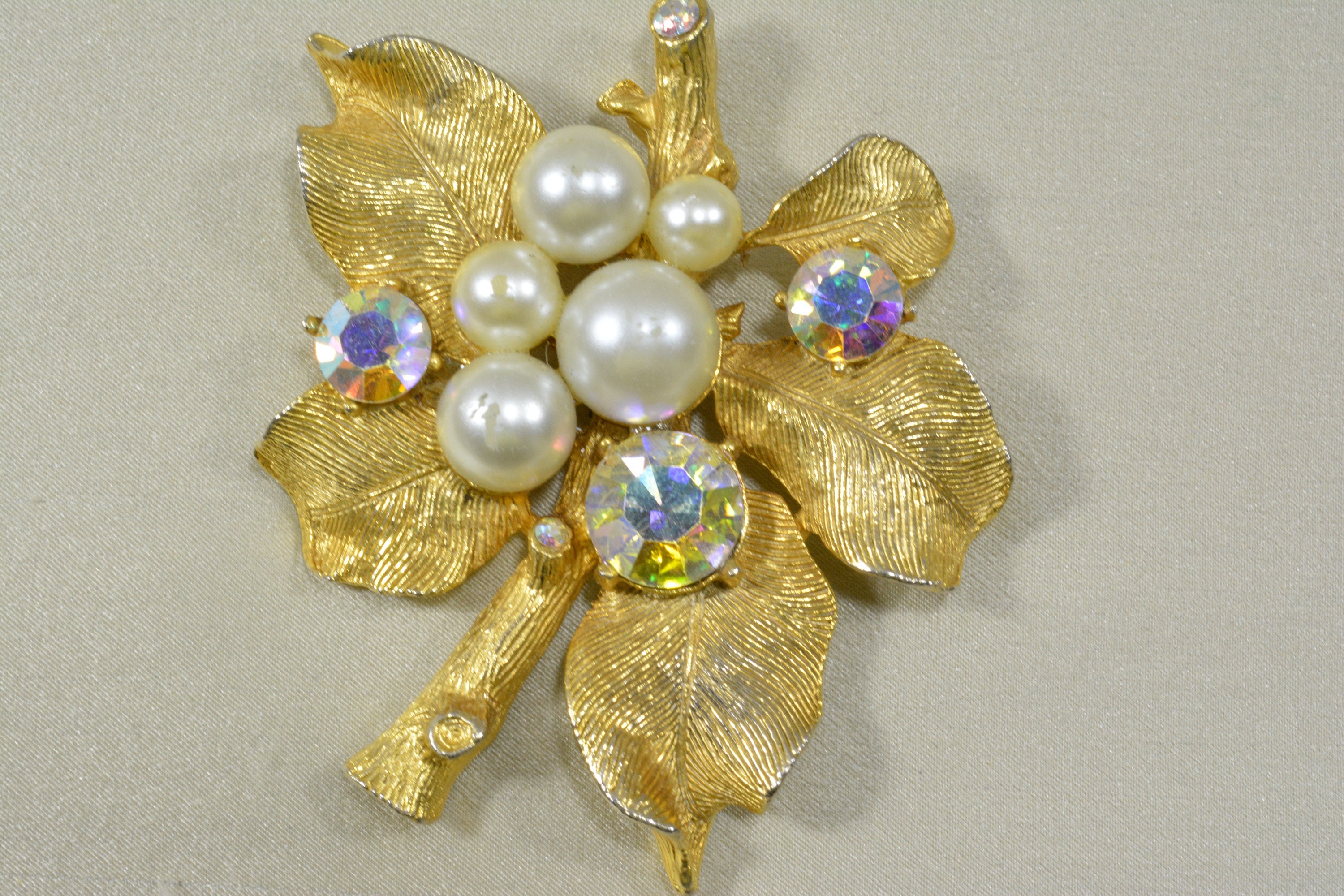 Pearl and Rhinestone Leaf Design Brooch, Brushed Gold Leaves