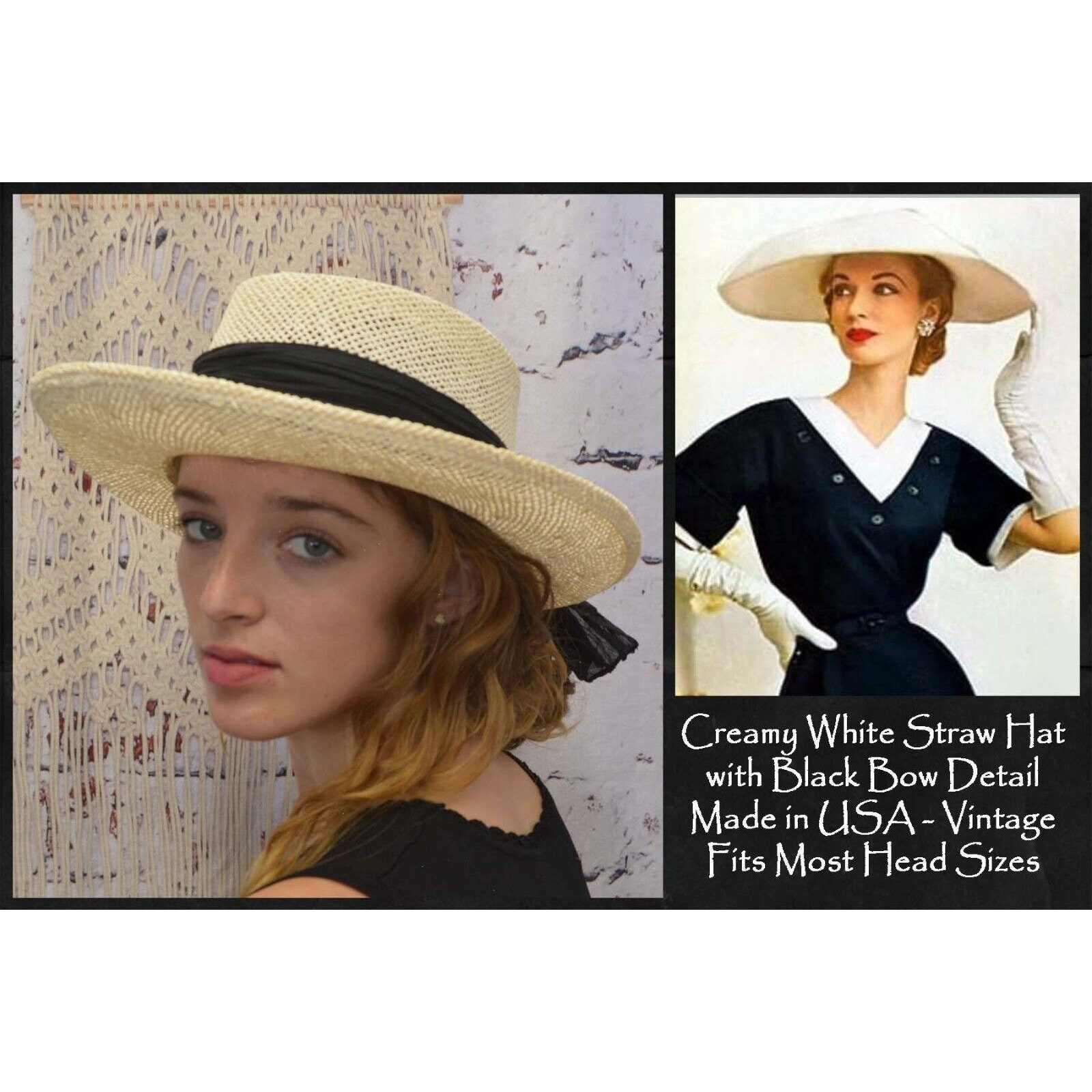 Vintage Straw Hat, Fits Most, Creamy White Straw Portrait