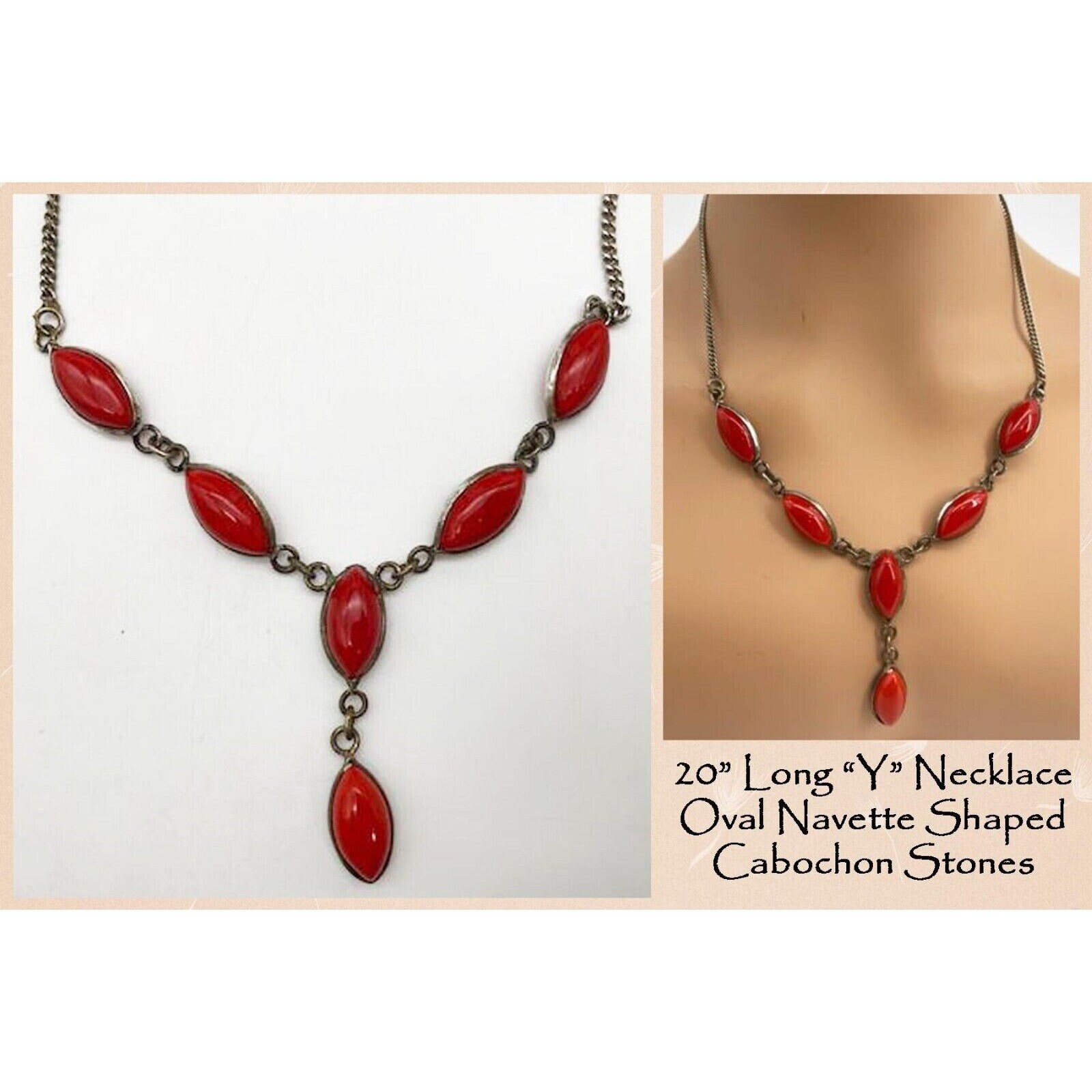 80s Vintage red cabochon × rhinestone design necklace - Shop