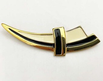 MONET Modernist Abstract Brooch in Black and Creamy White Enamel Set in Gold Tone Metal, Art Deco Influence, Geometric, 3" x 1", Vtg 80's