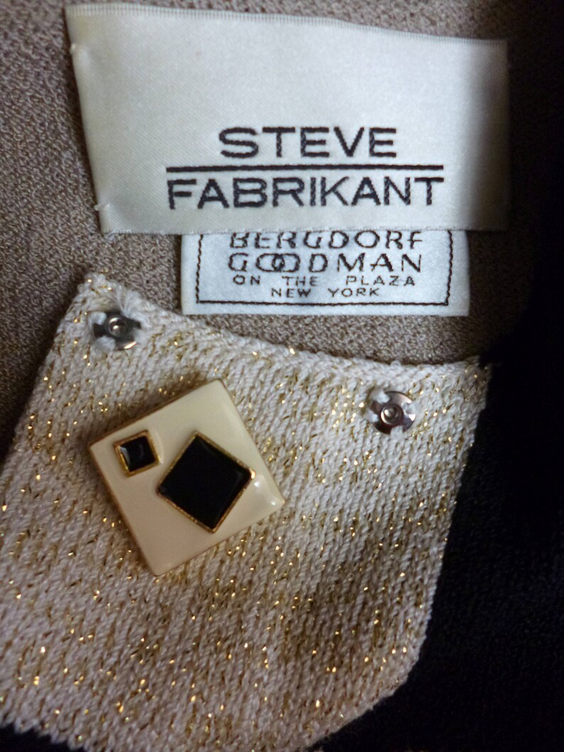 Enamel Abstract Buttons Steve Fabrikant Dress Santana Knit SMed Geometric Linear Design Beige Black Sparkles Vintage