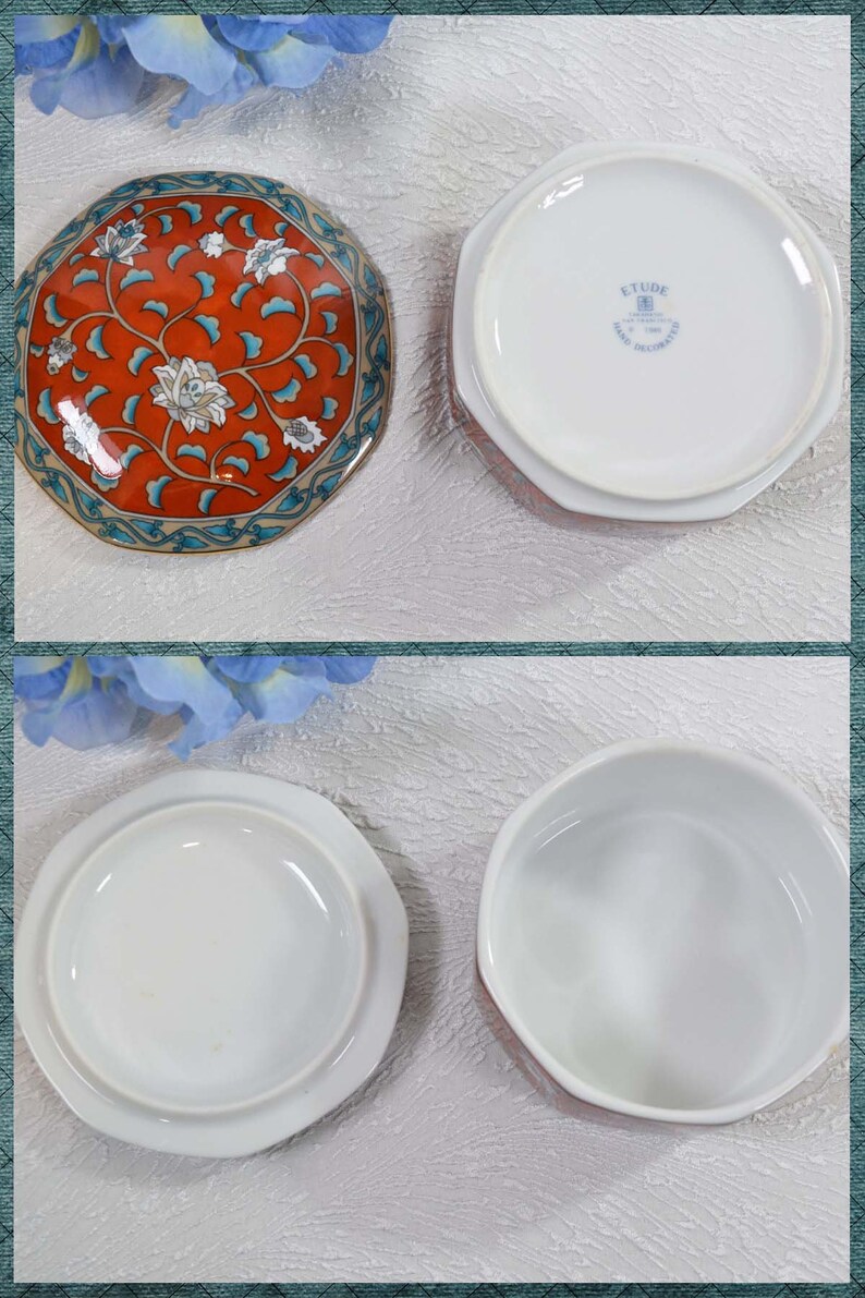 Porcelain Vtg Teal Florals Floral Imari Design Hand Decorated Trinket Box Red TAKAHASHI Etude 4 Octagon Shaped 1986 San Francisco