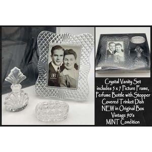 VANITY SET, Crystal Picture Frame, Perfume Bottle & Trinket Dish, Lead Crystal, BURNES in Original Box, Vintage